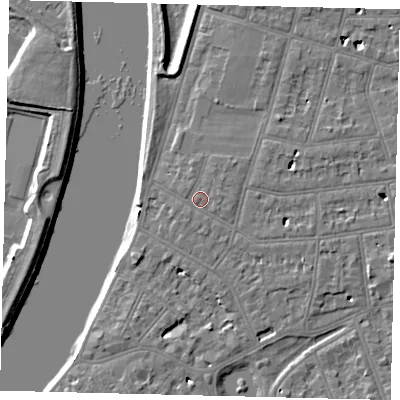 Shaded relief map of the ground around SW139QH, computed from Environment Agency LiDAR. The ground here sits at about 6 m above sea level and falls 6 m across the surrounding 800 m. Surface water reaching this point runs off ground lying to the north-north-east, 0.6 m higher.