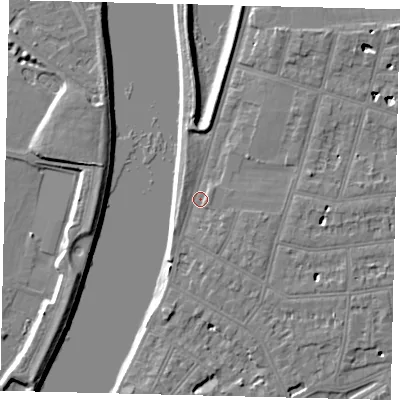 Shaded relief map of the ground around SW139QL, computed from Environment Agency LiDAR. The ground here sits at about 5 m above sea level and falls 6 m across the surrounding 800 m. Surface water reaching this point runs off ground lying to the north-north-east, 2.6 m higher.