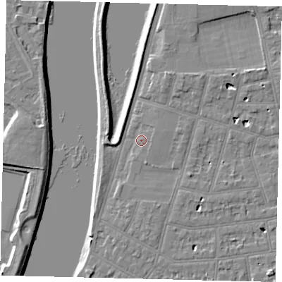 Shaded relief map of the ground around SW139QP, computed from Environment Agency LiDAR. The ground here sits at about 5 m above sea level and falls 6 m across the surrounding 800 m. Surface water reaching this point runs off ground lying to the north-north-east, 2.6 m higher.