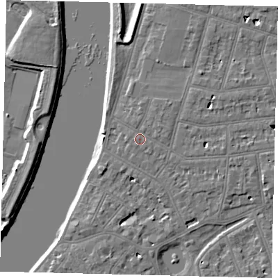 Shaded relief map of the ground around SW139QQ, computed from Environment Agency LiDAR. The ground here sits at about 6 m above sea level and falls 6 m across the surrounding 800 m. Surface water reaching this point runs off ground lying to the north-north-east, 0.6 m higher.