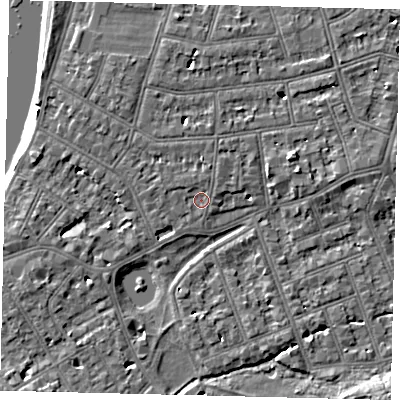 Shaded relief map of the ground around SW139RB, computed from Environment Agency LiDAR. The ground here sits at about 5 m above sea level and falls 6 m across the surrounding 800 m. Surface water reaching this point runs off ground lying to the north-north-east, 1.2 m higher.
