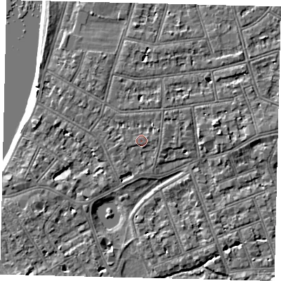 Shaded relief map of the ground around SW139RF, computed from Environment Agency LiDAR. The ground here sits at about 5 m above sea level and falls 6 m across the surrounding 800 m. Surface water reaching this point runs off ground lying to the east, 0.7 m higher.