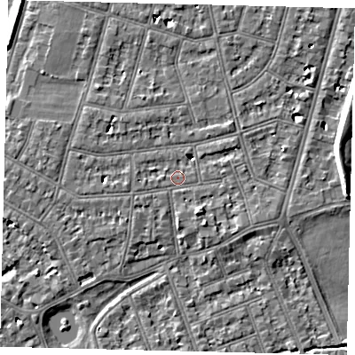 Shaded relief map of the ground around SW139RH, computed from Environment Agency LiDAR. The ground here sits at about 5 m above sea level and falls 7 m across the surrounding 800 m. Surface water reaching this point runs off ground lying to the west, 0.8 m higher.