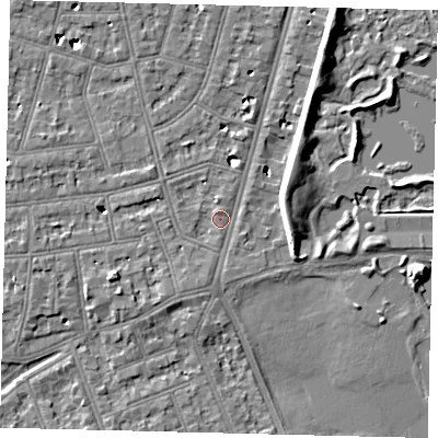 Shaded relief map of the ground around SW139RP, computed from Environment Agency LiDAR. The ground here sits at about 5 m above sea level and falls 8 m across the surrounding 800 m. Surface water reaching this point runs off ground lying to the west, 1.3 m higher.