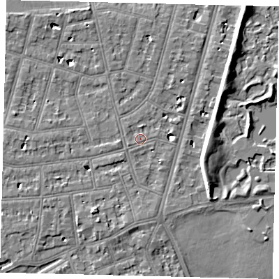 Shaded relief map of the ground around SW139RR, computed from Environment Agency LiDAR. The ground here sits at about 5 m above sea level and falls 7 m across the surrounding 800 m. Surface water reaching this point runs off ground lying to the west-south-west, 1.0 m higher.