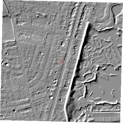 Shaded relief map of the ground around SW139RT, computed from Environment Agency LiDAR. The ground here sits at about 5 m above sea level and falls 7 m across the surrounding 800 m. Surface water reaching this point runs off ground lying to the west, 0.8 m higher.