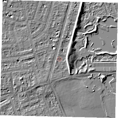 Shaded relief map of the ground around SW139RU, computed from Environment Agency LiDAR. The ground here sits at about 5 m above sea level and falls 8 m across the surrounding 800 m. Surface water reaching this point runs off ground lying to the south-east, 4.6 m higher.
