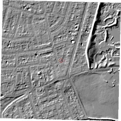 Shaded relief map of the ground around SW139RX, computed from Environment Agency LiDAR. The ground here sits at about 5 m above sea level and falls 7 m across the surrounding 800 m. Surface water reaching this point runs off ground lying to the west, 1.3 m higher.