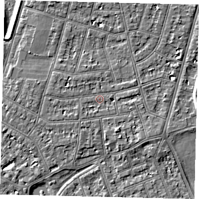Shaded relief map of the ground around SW139RY, computed from Environment Agency LiDAR. The ground here sits at about 5 m above sea level and falls 7 m across the surrounding 800 m. Surface water reaching this point runs off ground lying to the west-south-west, 3.7 m higher.