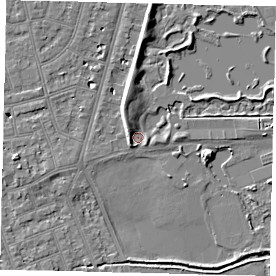 Shaded relief map of the ground around SW139SF, computed from Environment Agency LiDAR. The ground here sits at about 4 m above sea level and falls 8 m across the surrounding 800 m. Surface water reaching this point runs off ground lying to the north-west, 5.0 m higher.
