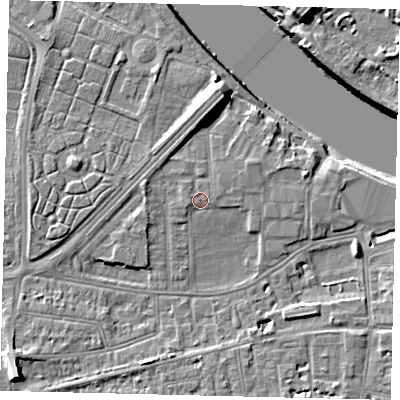 Shaded relief map of the ground around SW147AZ, computed from Environment Agency LiDAR. The ground here sits at about 6 m above sea level and falls 10 m across the surrounding 800 m. Surface water reaching this point runs off ground lying to the west-south-west, 1.0 m higher.