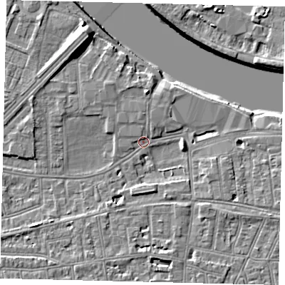 Shaded relief map of the ground around SW147EX, computed from Environment Agency LiDAR. The ground here sits at about 5 m above sea level and falls 10 m across the surrounding 800 m. Surface water reaching this point runs off ground lying to the north, 1.3 m higher.