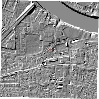 Shaded relief map of the ground around SW147EZ, computed from Environment Agency LiDAR. The ground here sits at about 5 m above sea level and falls 10 m across the surrounding 800 m. Surface water reaching this point runs off ground lying to the south-south-east, 3.1 m higher.