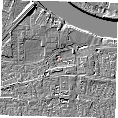 Shaded relief map of the ground around SW147HA, computed from Environment Agency LiDAR. The ground here sits at about 5 m above sea level and falls 10 m across the surrounding 800 m. Surface water reaching this point runs off ground lying to the south, 3.1 m higher.