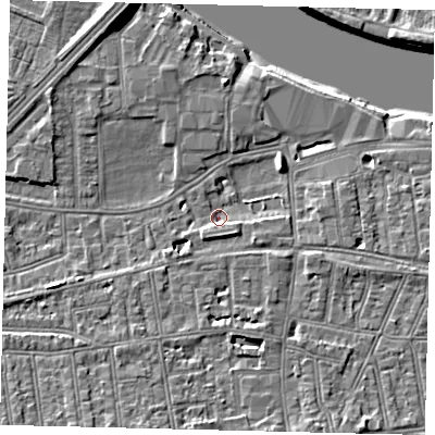 Shaded relief map of the ground around SW147HB, computed from Environment Agency LiDAR. The ground here sits at about 5 m above sea level and falls 10 m across the surrounding 800 m. Surface water reaching this point runs off ground lying to the south-east, 3.6 m higher.