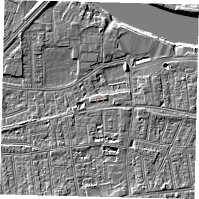 Shaded relief map of the ground around SW147HD, computed from Environment Agency LiDAR. The ground here sits at about 6 m above sea level and falls 9 m across the surrounding 800 m. Surface water reaching this point runs off ground lying to the south-south-west, 4.1 m higher.