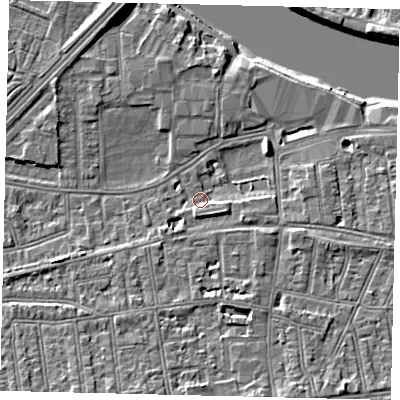 Shaded relief map of the ground around SW147HE, computed from Environment Agency LiDAR. The ground here sits at about 5 m above sea level and falls 9 m across the surrounding 800 m. Surface water reaching this point runs off ground lying to the south-south-east, 3.8 m higher.