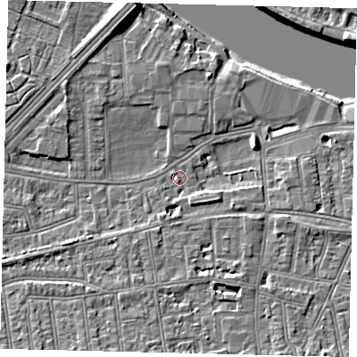Shaded relief map of the ground around SW147HF, computed from Environment Agency LiDAR. The ground here sits at about 5 m above sea level and falls 10 m across the surrounding 800 m. Surface water reaching this point runs off ground lying to the north-west, 1.2 m higher.