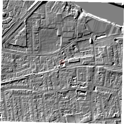 Shaded relief map of the ground around SW147HG, computed from Environment Agency LiDAR. The ground here sits at about 6 m above sea level and falls 8 m across the surrounding 800 m. Surface water reaching this point runs off ground lying to the east-north-east, 1.1 m higher.