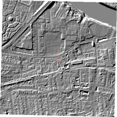 Shaded relief map of the ground around SW147HH, computed from Environment Agency LiDAR. The ground here sits at about 5 m above sea level and falls 10 m across the surrounding 800 m. Surface water reaching this point runs off ground lying to the south, 2.8 m higher.