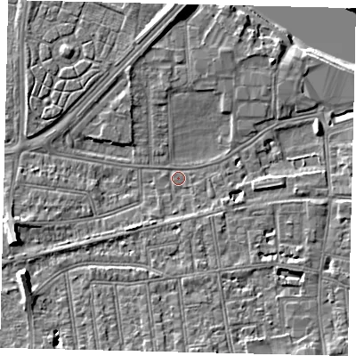 Shaded relief map of the ground around SW147HJ, computed from Environment Agency LiDAR. The ground here sits at about 5 m above sea level and falls 10 m across the surrounding 800 m. Surface water reaching this point runs off ground lying to the south, 1.4 m higher.