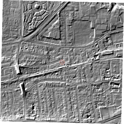 Shaded relief map of the ground around SW147HL, computed from Environment Agency LiDAR. The ground here sits at about 6 m above sea level and falls 10 m across the surrounding 800 m. Surface water reaching this point runs off ground lying to the west-south-west, 5.7 m higher.