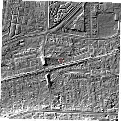 Shaded relief map of the ground around SW147HN, computed from Environment Agency LiDAR. The ground here sits at about 6 m above sea level and falls 9 m across the surrounding 800 m. Surface water reaching this point runs off ground lying to the west-south-west, 5.2 m higher.