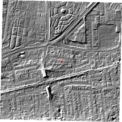 Shaded relief map of the ground around SW147HP, computed from Environment Agency LiDAR. The ground here sits at about 6 m above sea level and falls 8 m across the surrounding 800 m. Surface water reaching this point runs off ground lying to the south-west, 4.8 m higher.