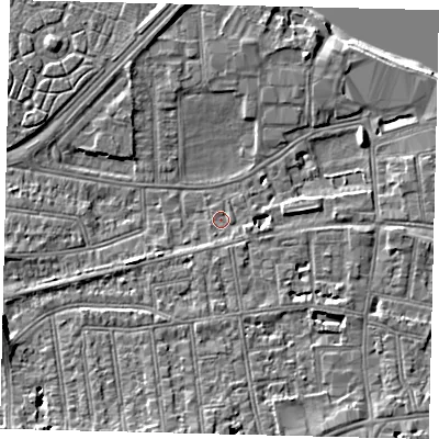 Shaded relief map of the ground around SW147HQ, computed from Environment Agency LiDAR. The ground here sits at about 5 m above sea level and falls 9 m across the surrounding 800 m. Surface water reaching this point runs off ground lying to the south, 1.1 m higher.