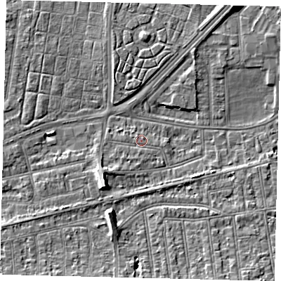 Shaded relief map of the ground around SW147HR, computed from Environment Agency LiDAR. The ground here sits at about 6 m above sea level and falls 8 m across the surrounding 800 m. Surface water reaching this point runs off ground lying to the south-west, 4.8 m higher.