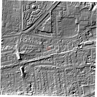 Shaded relief map of the ground around SW147HS, computed from Environment Agency LiDAR. The ground here sits at about 5 m above sea level and falls 10 m across the surrounding 800 m. Surface water reaching this point runs off ground lying to the west-south-west, 5.8 m higher.