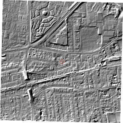 Shaded relief map of the ground around SW147HT, computed from Environment Agency LiDAR. The ground here sits at about 5 m above sea level and falls 10 m across the surrounding 800 m. Surface water reaching this point runs off ground lying to the west-south-west, 5.8 m higher.