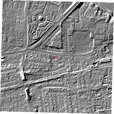 Shaded relief map of the ground around SW147HU, computed from Environment Agency LiDAR. The ground here sits at about 5 m above sea level and falls 10 m across the surrounding 800 m. Surface water reaching this point runs off ground lying to the south-west, 1.4 m higher.
