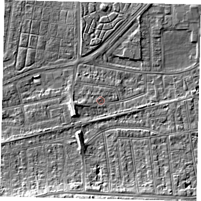 Shaded relief map of the ground around SW147HW, computed from Environment Agency LiDAR. The ground here sits at about 6 m above sea level and falls 8 m across the surrounding 800 m. Surface water reaching this point runs off ground lying to the west-south-west, 1.6 m higher.