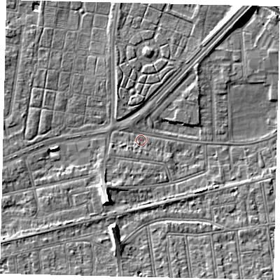 Shaded relief map of the ground around SW147HX, computed from Environment Agency LiDAR. The ground here sits at about 5 m above sea level and falls 10 m across the surrounding 800 m. Surface water reaching this point runs off ground lying to the north-east, 5.9 m higher.