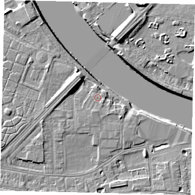 Shaded relief map of the ground around SW147QP, computed from Environment Agency LiDAR. The ground here sits at about 6 m above sea level and falls 10 m across the surrounding 800 m. Surface water reaching this point runs off ground lying to the south-south-west, 0.8 m higher.