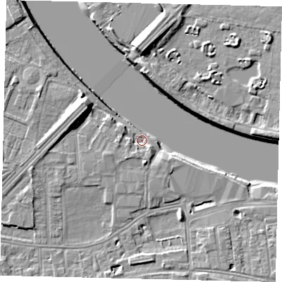 Shaded relief map of the ground around SW147QR, computed from Environment Agency LiDAR. The ground here sits at about 4 m above sea level and falls 10 m across the surrounding 800 m. Surface water reaching this point runs off ground lying to the south-south-west, 4.9 m higher.