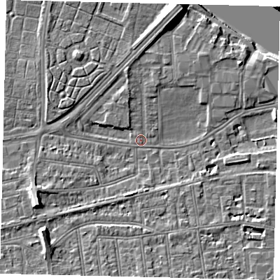 Shaded relief map of the ground around SW147QZ, computed from Environment Agency LiDAR. The ground here sits at about 5 m above sea level and falls 10 m across the surrounding 800 m. Surface water reaching this point runs off ground lying to the north-north-east, 6.6 m higher.