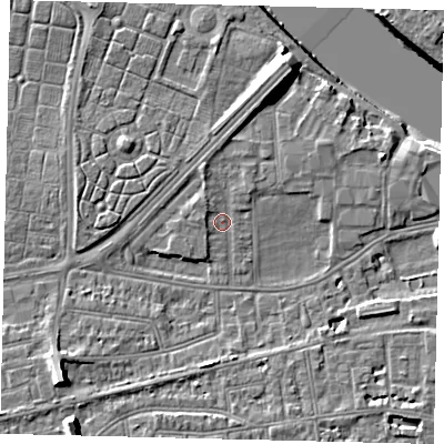 Shaded relief map of the ground around SW147RA, computed from Environment Agency LiDAR. The ground here sits at about 6 m above sea level and falls 10 m across the surrounding 800 m. Surface water reaching this point runs off ground lying to the north-north-west, 1.7 m higher.