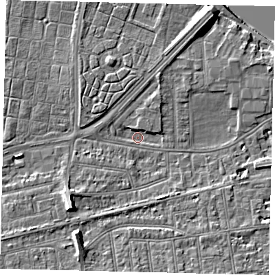 Shaded relief map of the ground around SW147RD, computed from Environment Agency LiDAR. The ground here sits at about 5 m above sea level and falls 10 m across the surrounding 800 m. Surface water reaching this point runs off ground lying to the north-north-east, 6.5 m higher.