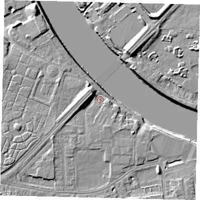 Shaded relief map of the ground around SW147SA, computed from Environment Agency LiDAR. The ground here sits at about 5 m above sea level and falls 10 m across the surrounding 800 m. Surface water reaching this point runs off ground lying to the north-west, 6.9 m higher.