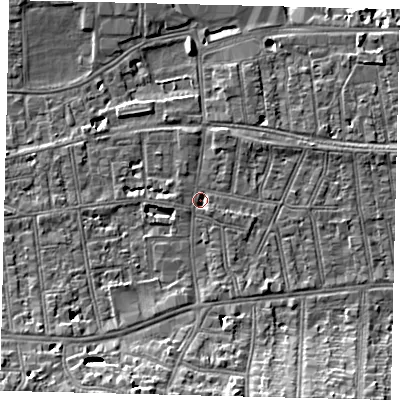 Shaded relief map of the ground around SW148AD, computed from Environment Agency LiDAR. The ground here sits at about 6 m above sea level and falls 11 m across the surrounding 800 m. Surface water reaching this point runs off ground lying to the south-south-west, 8.9 m higher.