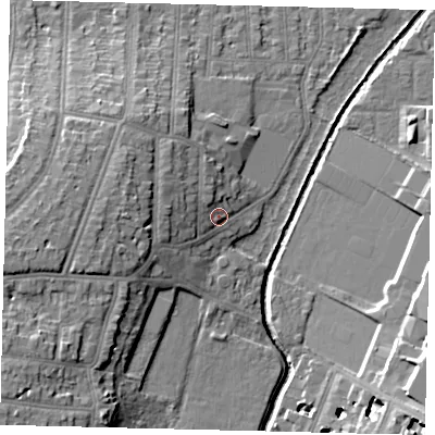 Shaded relief map of the ground around SW148EQ, computed from Environment Agency LiDAR. The ground here sits at about 10 m above sea level and falls 14 m across the surrounding 800 m. Surface water reaching this point runs off ground lying to the west, 7.5 m higher.