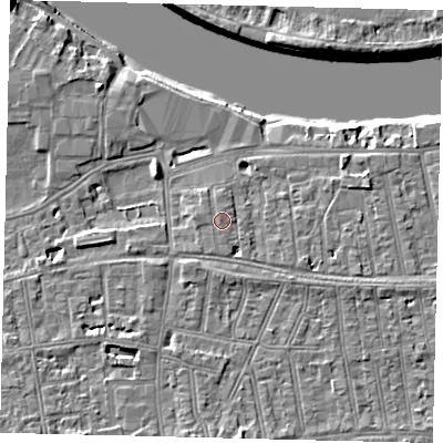 Shaded relief map of the ground around SW148ER, computed from Environment Agency LiDAR. The ground here sits at about 6 m above sea level and falls 9 m across the surrounding 800 m. The ground contributing surface water to this point lies to the north-north-west.