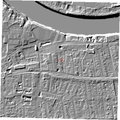 Shaded relief map of the ground around SW148EU, computed from Environment Agency LiDAR. The ground here sits at about 6 m above sea level and falls 8 m across the surrounding 800 m. Surface water reaching this point runs off ground lying to the south-east, 1.1 m higher.
