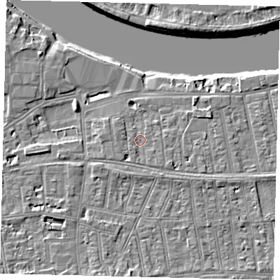 Shaded relief map of the ground around SW148EX, computed from Environment Agency LiDAR. The ground here sits at about 6 m above sea level and falls 8 m across the surrounding 800 m. Surface water reaching this point runs off ground lying to the south-east, 1.1 m higher.