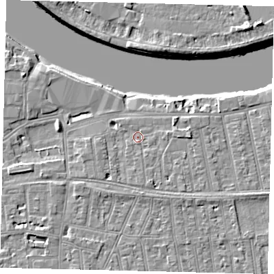 Shaded relief map of the ground around SW148EY, computed from Environment Agency LiDAR. The ground here sits at about 5 m above sea level and falls 9 m across the surrounding 800 m. Surface water reaching this point runs off ground lying to the east, 2.2 m higher.