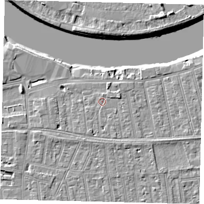 Shaded relief map of the ground around SW148HB, computed from Environment Agency LiDAR. The ground here sits at about 6 m above sea level and falls 8 m across the surrounding 800 m. Surface water reaching this point runs off ground lying to the east-north-east, 2.2 m higher.