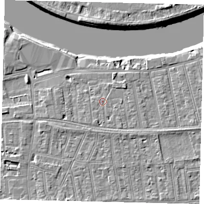 Shaded relief map of the ground around SW148HD, computed from Environment Agency LiDAR. The ground here sits at about 6 m above sea level and falls 8 m across the surrounding 800 m. Surface water reaching this point runs off ground lying to the south-south-west, 2.2 m higher.