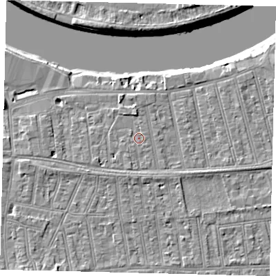 Shaded relief map of the ground around SW148HE, computed from Environment Agency LiDAR. The ground here sits at about 6 m above sea level and falls 8 m across the surrounding 800 m. Surface water reaching this point runs off ground lying to the south, 1.3 m higher.